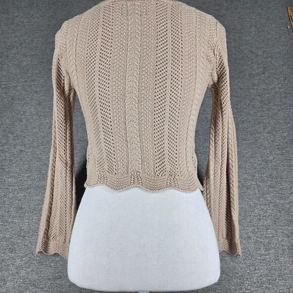 PINK ROSE WOMEN'S CROPPED KNIT SWEATER SIZE SMALL BEIGE TEXTURED CABLE OPENWORK - Picture 2 of 9